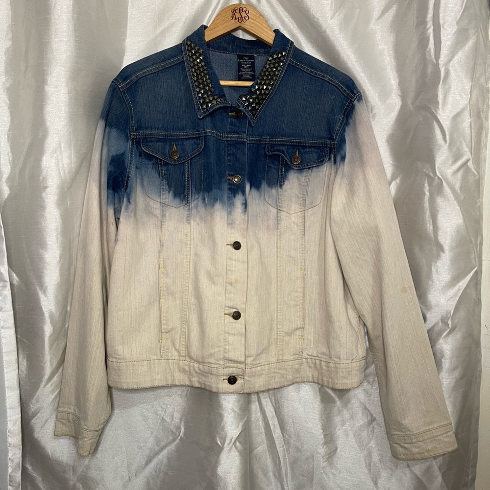 Plus Size Upcycled Reworked Tie-Dye Pyramid Studded Denim Blue Jean Jacket